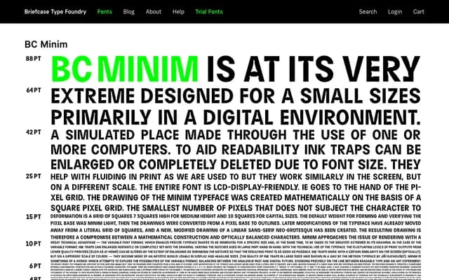 BC Minim specimen from Briefcase Type Foundry