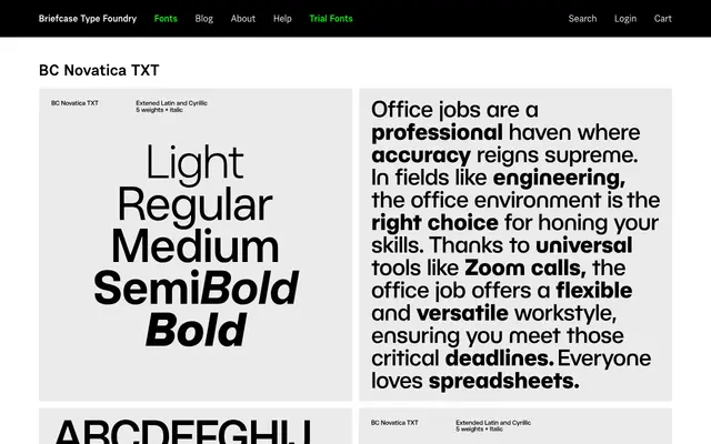BC Novatica TXT specimen from Briefcase Type Foundry