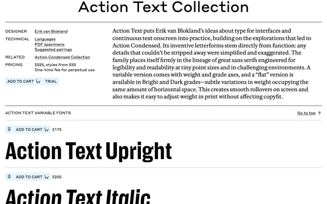 Action Text specimen from Commercial Type