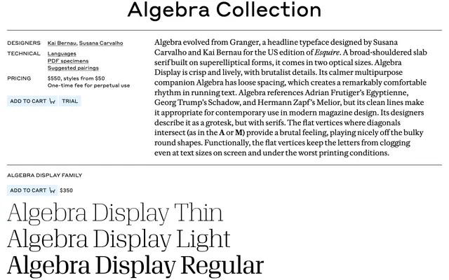 Algebra specimen from Commercial Type