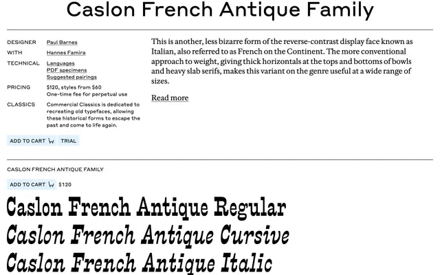 Caslon French Antique specimen from Commercial Type