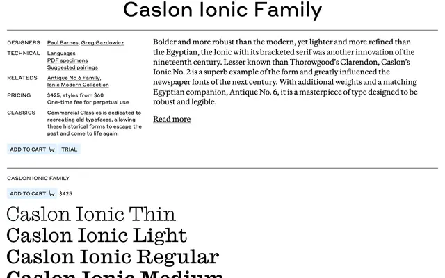 Caslon Ionic specimen from Commercial Type