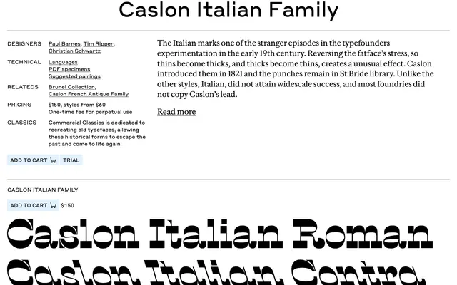 Caslon Italian specimen from Commercial Type