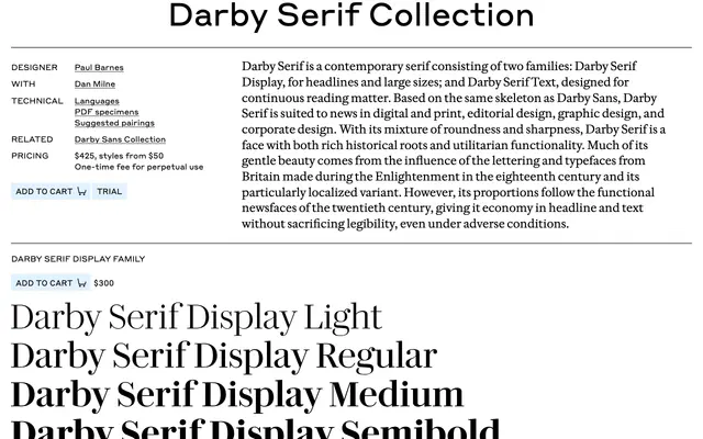 Darby Serif Collection specimen from Commercial Type
