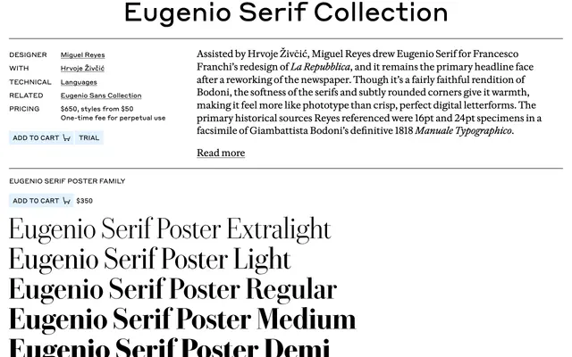 Eugenio Serif Collection specimen from Commercial Type