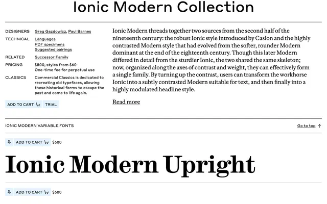 Ionic Modern specimen from Commercial Type