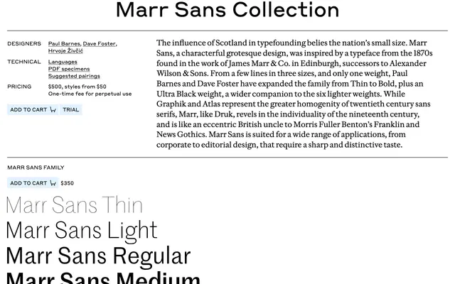 Marr Sans specimen from Commercial Type