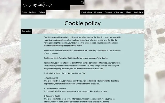 Cookie Policy specimen from Jeremy Tankard Typography