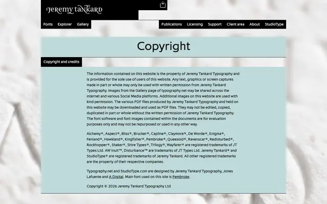 Copyright specimen from Jeremy Tankard Typography