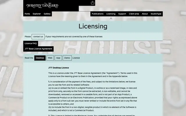 JTT Base Licence Agreement specimen from Jeremy Tankard Typography