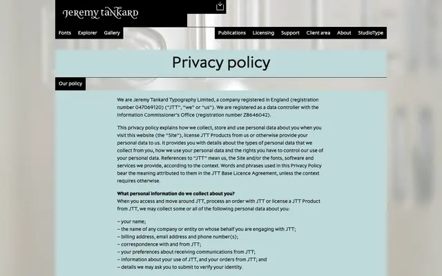 Privacy Policy specimen from Jeremy Tankard Typography